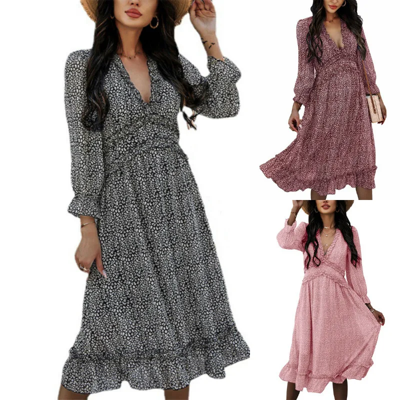 

New dress spring/summer 2022 V-neck simple ruffled printed dress women's dress