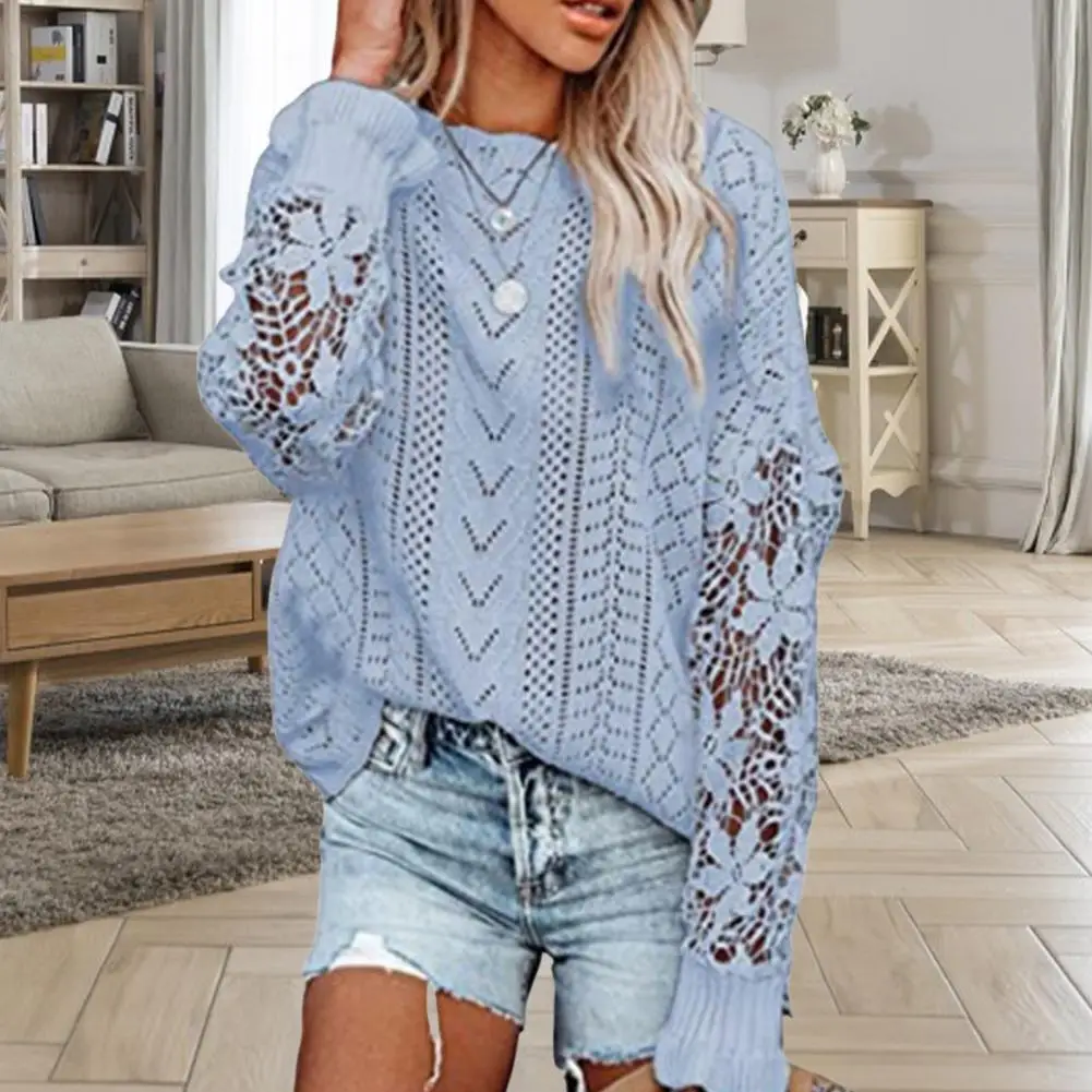 

Autumn Sweater Loose Type Anti-pilling Warm Cozy Knitted Lady Sweater Hollow Out Flower Applique Winter Sweater свитер