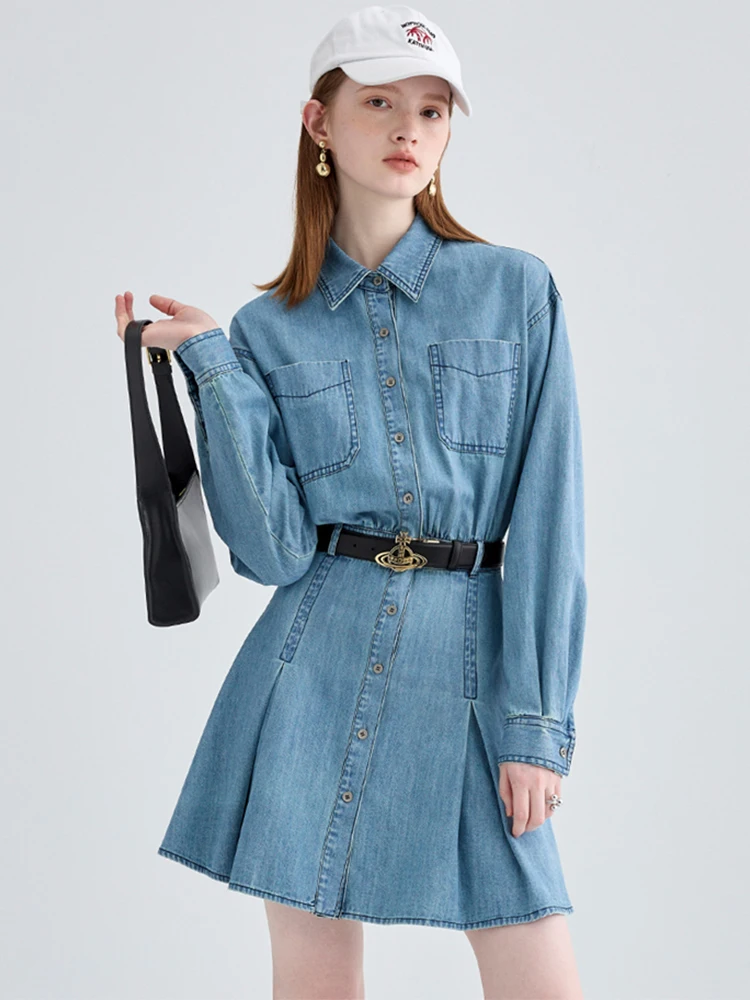 

Женское джинсовое мини-платье в стиле ретро, плиссированное однобортное платье синего цвета с отложным воротником и драпировкой, осень 2022