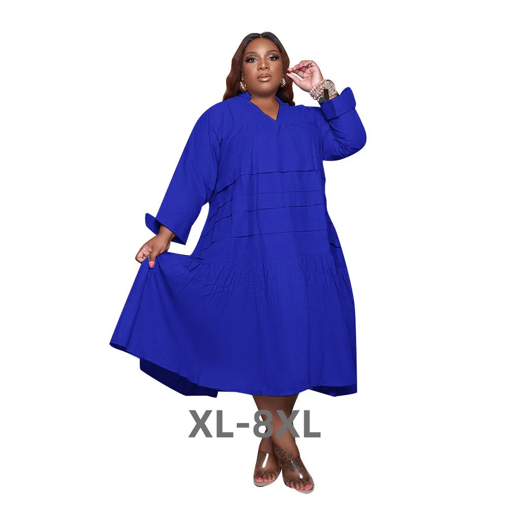 Plus Size New Fall Shirt Dresses for Women Clothes Wholesale Casual Loose Big Hem v Neck Fold Maxi Dress Stre 3xl 4xl 5xl 6xl
