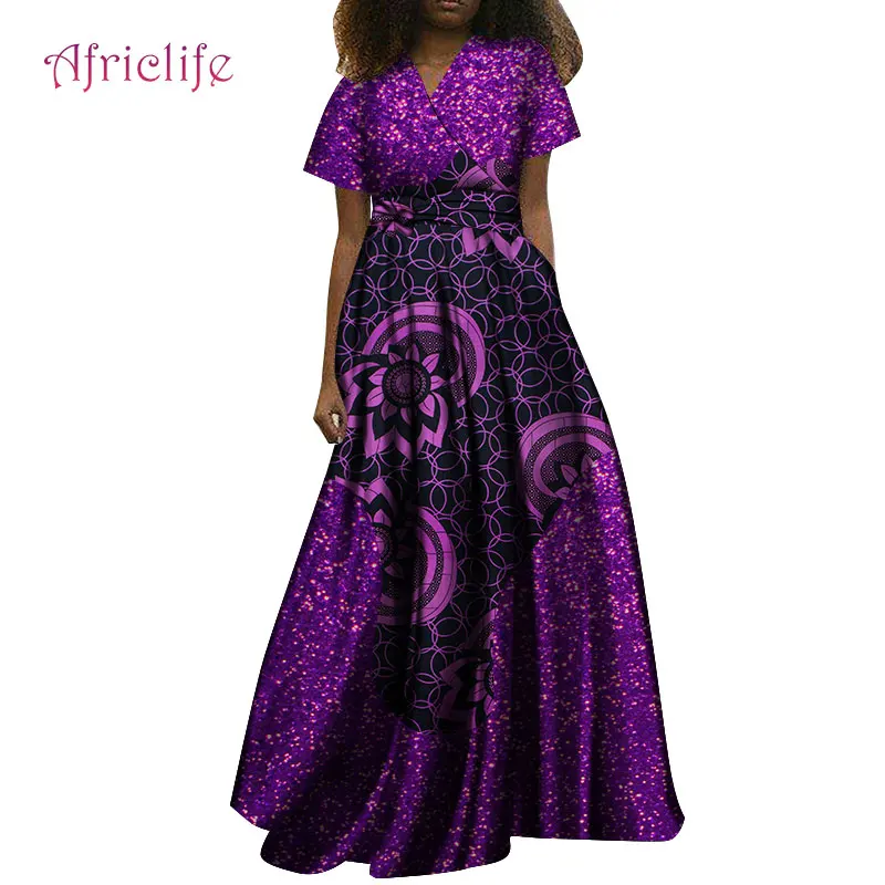 

African Maxi Dresses for Women Ankara Fabric Patchwork Gliter Material Party Wedding Floor Length Cotton Lady Dress WY8871