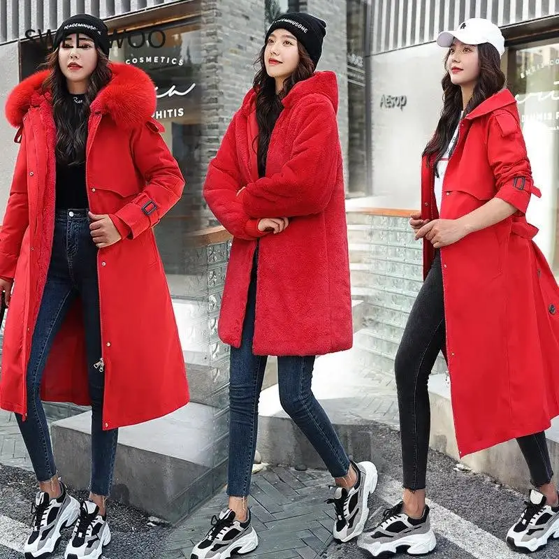 Women Winter Jacket Hooded X-Long Thick Faux Fur Padded Parkas Woman Distachable  Coat Show Thin Korea 2022