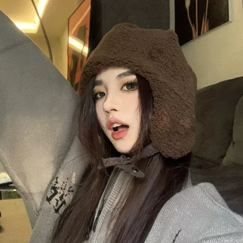 

EUMOAN Winter lamb wool pilot hat women's warm ear protection fashion Lei Feng hat Korean version of lovers ski hat