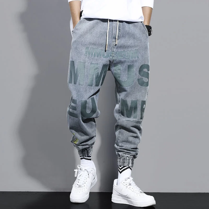 

Cargo Pants Jeans Men's Ankle Banded Pants Loose Moto Biker Harlan Harajuku Style Beam Feet Casual Pants Elastic Waist Hip Hop