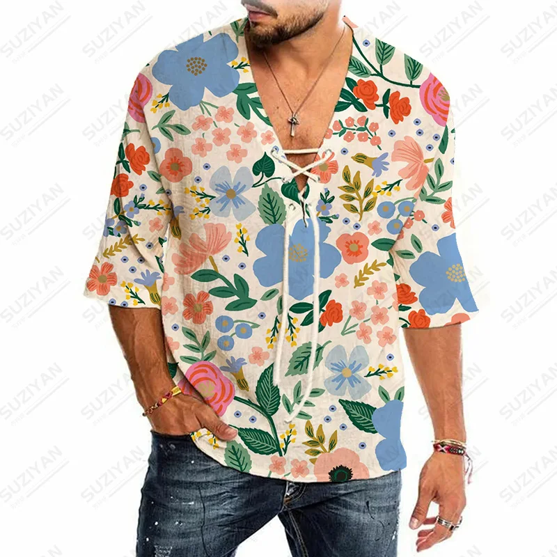 

Men Clothes Floral Cotton And Linen Shirt Men Men Clothing Gulf Color Summer Cheap Summer Knotted Shirts Stand Collar British