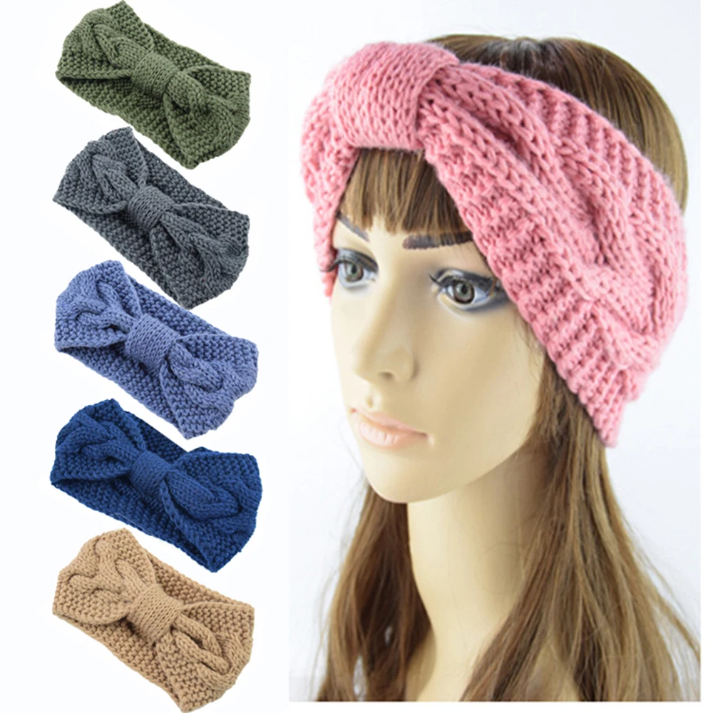 

Bow Knit Elastic Hair Band Handmade Knitting Wool Warm Stretch Turban Headwrap Twist Crochet Knitted Headband Hair Accessories