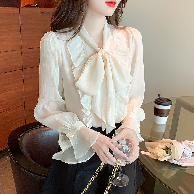 

Ruffles Chiffon Women's Blouse Bow Loose Shirt Summer Long Sleeve Female Casual Top Fashion 2022 New Korean Style Clothing