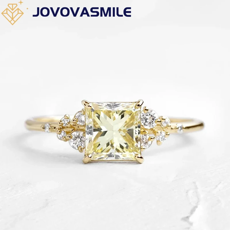 JOVOVASMILE  Moissanite Certificada Diamond Wedding Ring 1carat Light Yellow Princess Cut 18k Gold Flower Design Fashion Jewelry