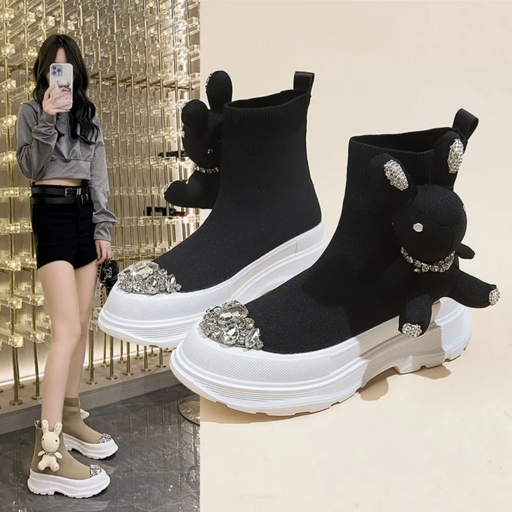 

Womens Knits Ankle Boots Stretchy Rabbit Decor Rhinestones Purse Belt Bag Platform Chunky Heel Shoes New 2023