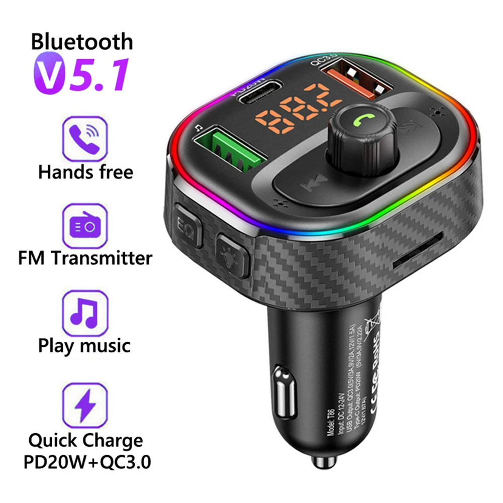 

Car FM Transmitter MP3 Player Type C PD 20W USB QC3.0 Fast Charging Car Charger Handsfree Bluetooth-compatible 5.0 FM Modulator