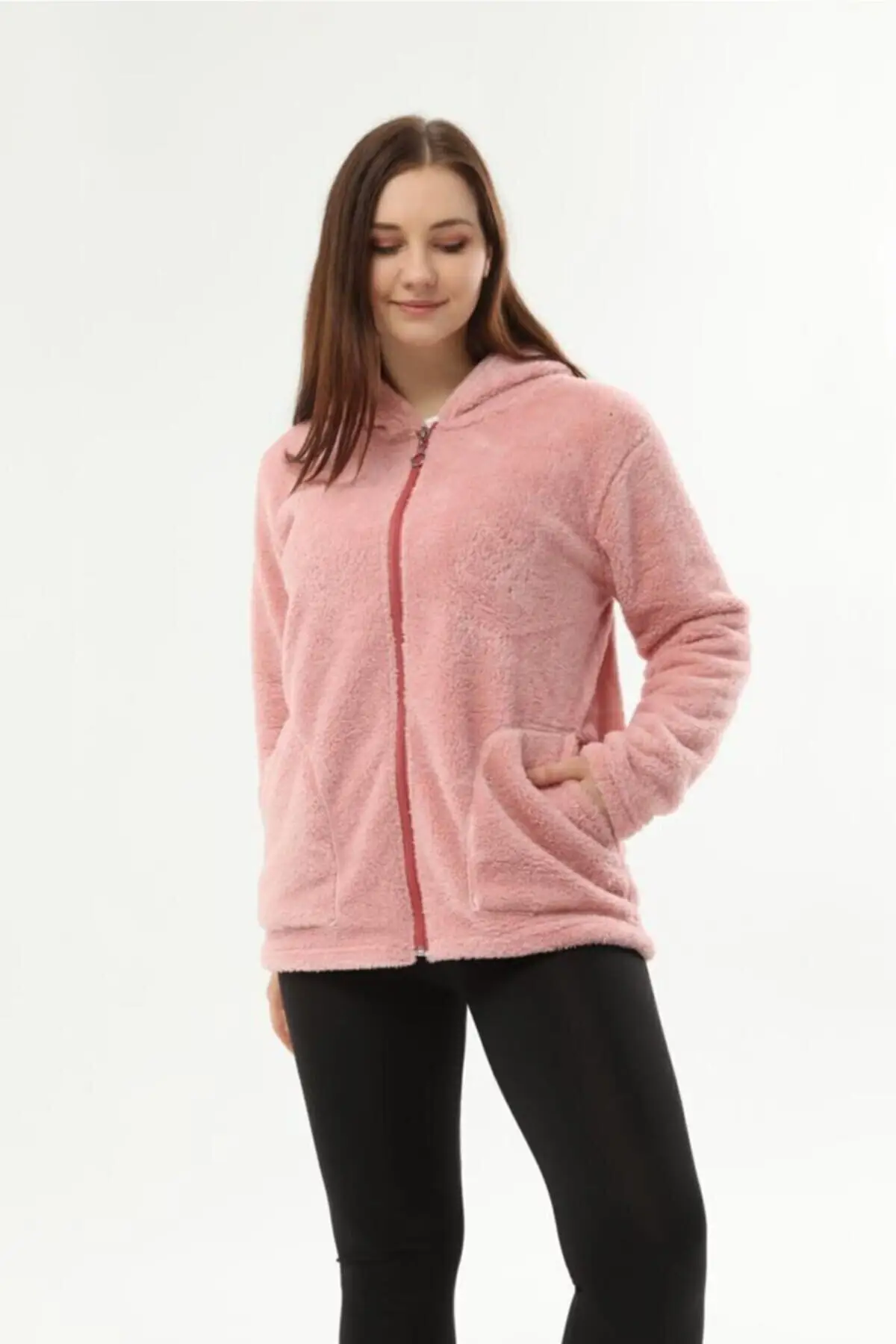 

Women's Cardigan Soft Plush Hooded Zippered Pink Casual Knitted Quality Fashion Cardigan Sweaters Loose Sweater Sweater Jumper