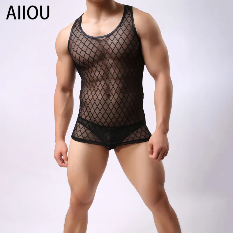 

AIIOU Men Undershirts Sexy Mesh Transparent Tops and Briefs Erotic Fishnet See Through Vest Sleeveless Gay T-Shirts Gay Clothes
