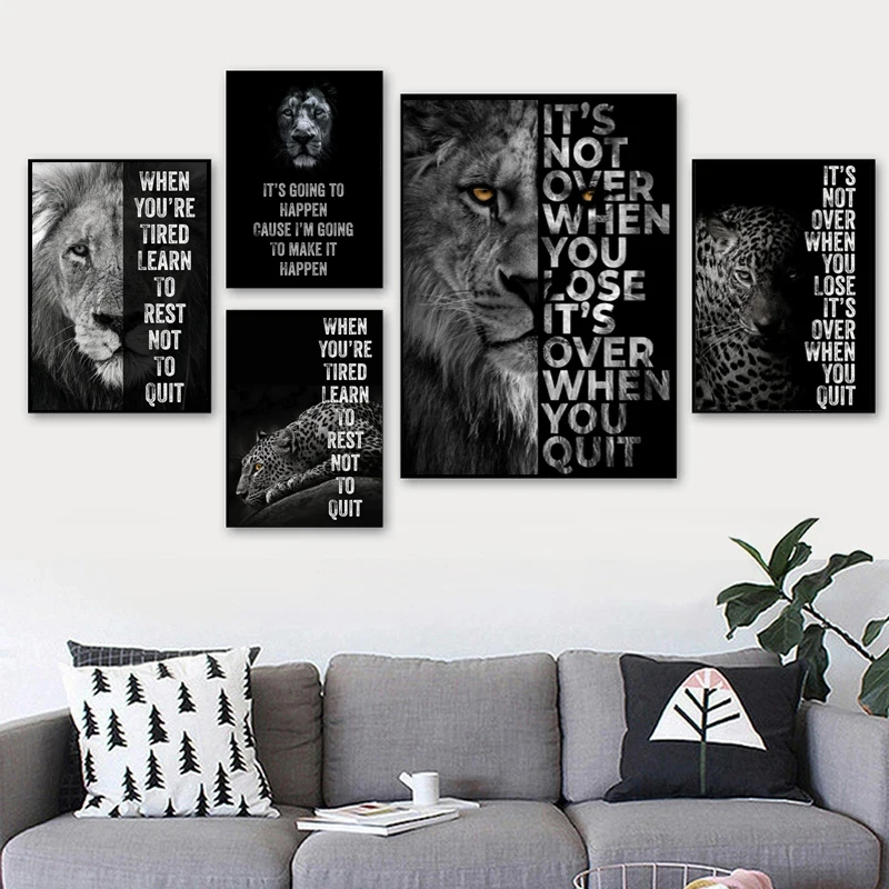 

Nordic Modern Minimalist Tiger Lion Black Background White Inspirational Phrase Office Living Room Canvas Decoration Painting