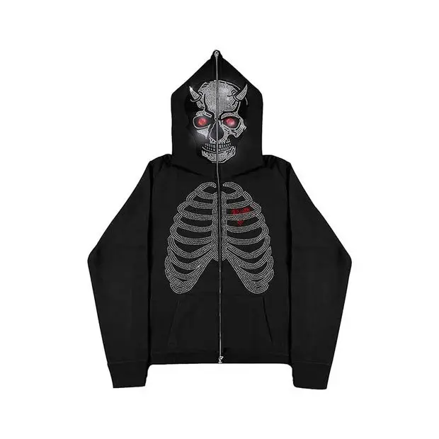 

Новинка, осенние толстовки в европейском и американском стиле Y2k стразы, утепленная толстовка на молнии с рисунком скелета, Женский уличный ...