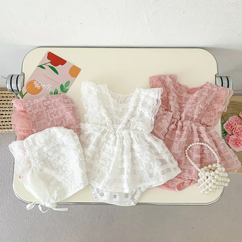

2023 Summer Infant Baby Girl Princess Dress Sleeveless Cotton Pleated Fantasy Yarn Vestido With Hat Newborn Girl Outfits