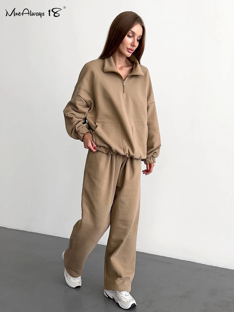 

Mnealways18 Street Drop Shoulder Knitwear Sweatsuits 2 Pieces Suits Female Zipper Pullover Tops And Wide Legs Pants Causal Sets