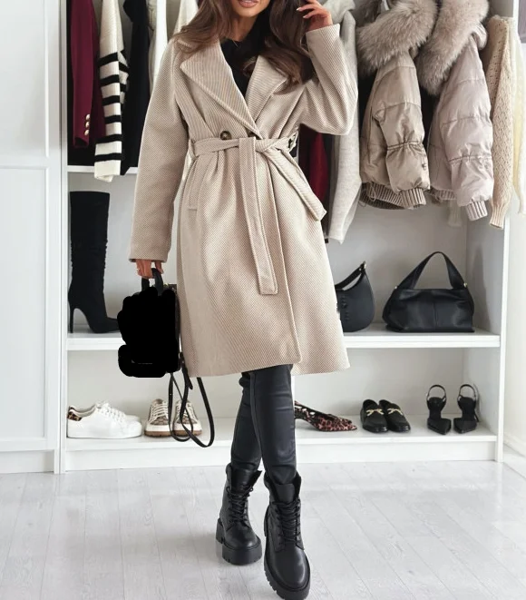 Женское пальто зимнее модное повседневное Однотонное шерстяное с отложным