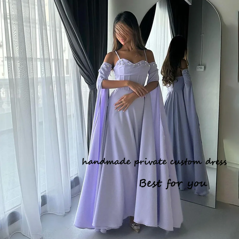 

Lavender Satin A Line Evening Dresses Spaghetti Straps Beads Sweetheart Prom Party Dress Floor Length Formal Gowns