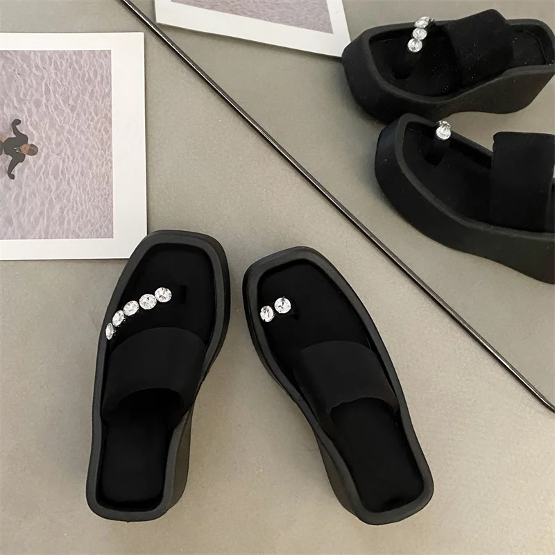 2023 Summer New Clip-toe Crystal Slippers Women Wedges Platform Shoes Fashion Flip-flops Fad Dress Sandals Casual Beach Slides