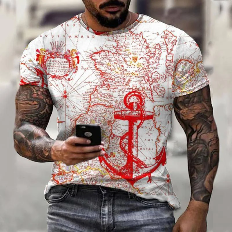 

Red Nautical Anchor Print Retro Style Summer New Men's T-Shirt Short Sleeve Fashion Casual Sportswear Oversized Colorful Top