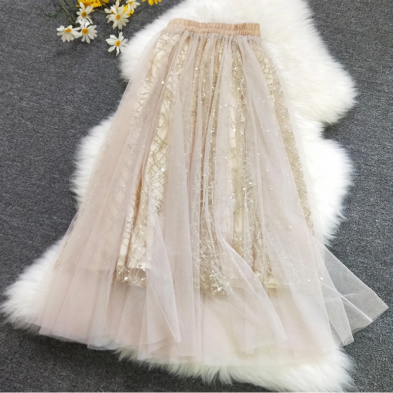 Новая золотая сетчатая юбка для поясницы на осень и зиму юбки с пальто юбкой