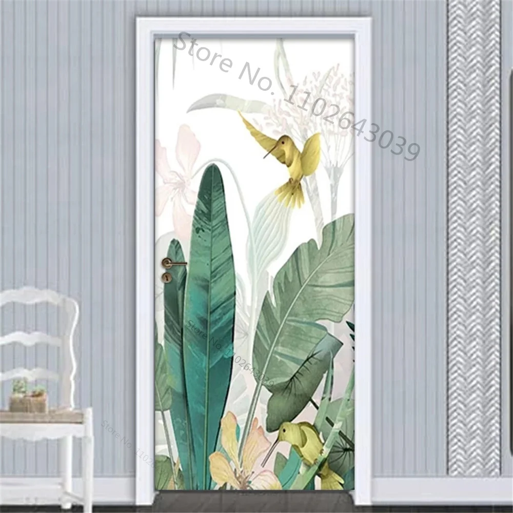 Самоклеящиеся наклейки на дверь с зелеными листьями подорожника декоративные