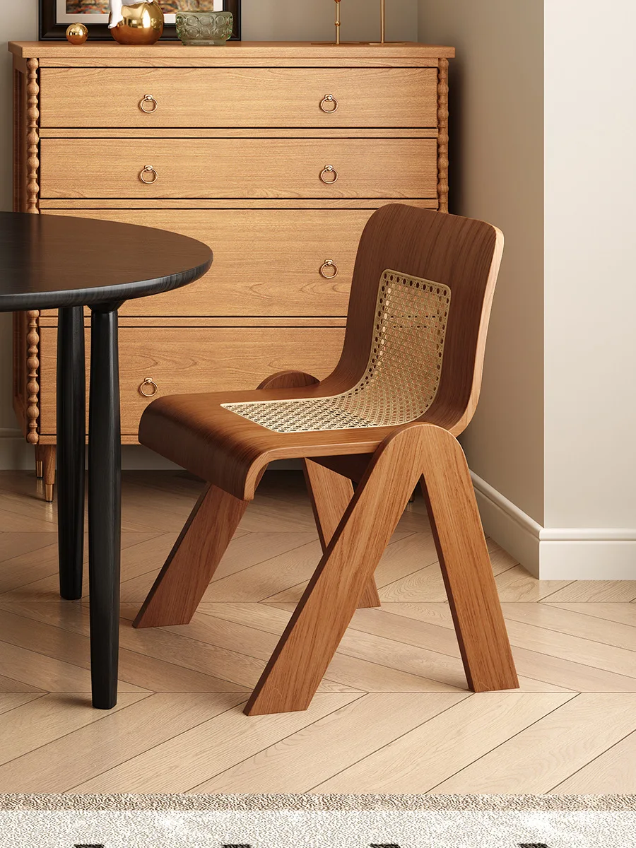 

Retro Solid Wood Dining Chair Rattan Leisure Home Armchair Living Room Seat