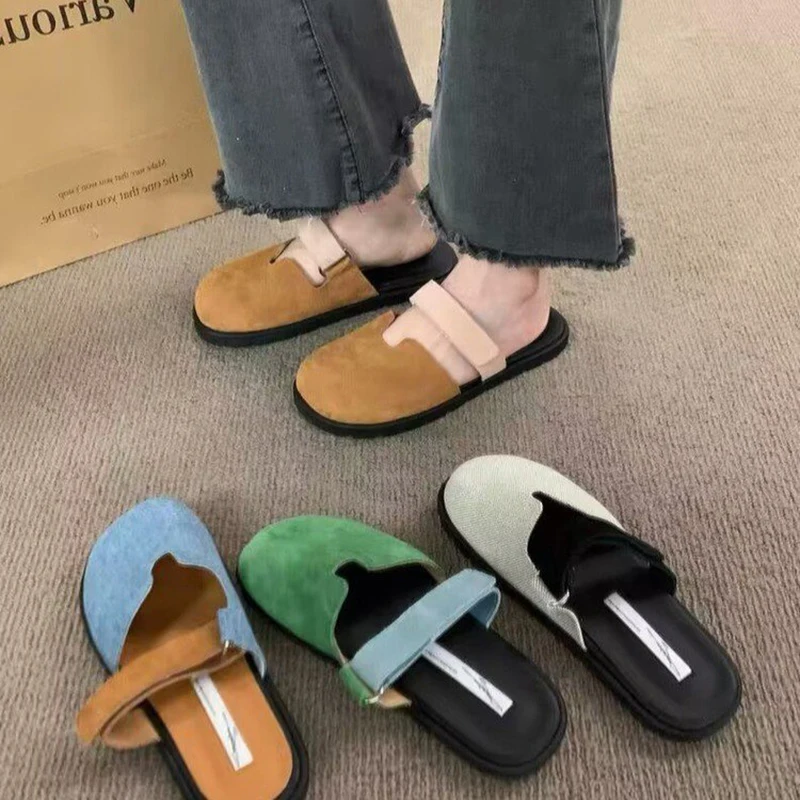 

2023 New Leather Baotou Thick-Soled Soft Flat Women's Half Slippers Summer Fashion Retro Casual Slip-on Home Shoes Size 35-39