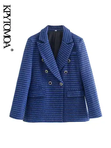 Женский твидовый двубортный пиджак KPYTOMOA, винтажный пиджак с длинными рукавами и карманами с клапаном, верхняя одежда, шикарный пиджак для ж...