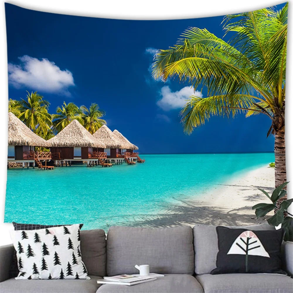 

Ocean Beach Tropical Island Tapestry Ocean Beach Palm Tree Sea Waves Scenery Tapestries Bedroom Living Room Decor Wall Hanging