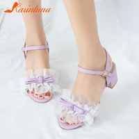 krainluna plus size 33 48 sweet square med heels buckle strap butterfly knot lace women sandals 2022 summer shoes woman