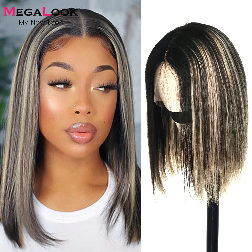 MEGALOOK Highlight Wig Human Hair Straight Lace Front Human Hair Bob Wig Lace Frontal Wigs For Women Colored Human Hair Wig 180%
