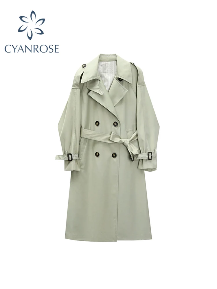 

2022 Autumn Winter Windbreaker Green Long Trench Coat Women Korean Style Double Breasted Slim Trench Coat Outwear Casual Fashion