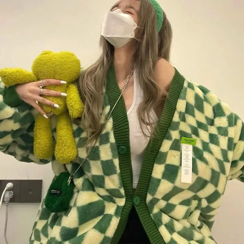 

Утепленное пальто из овечьей шерсти, Женская Стеганая куртка, Осень-зима 2022, корейский Клетчатый Асимметричный шахматный кардиган, куртка