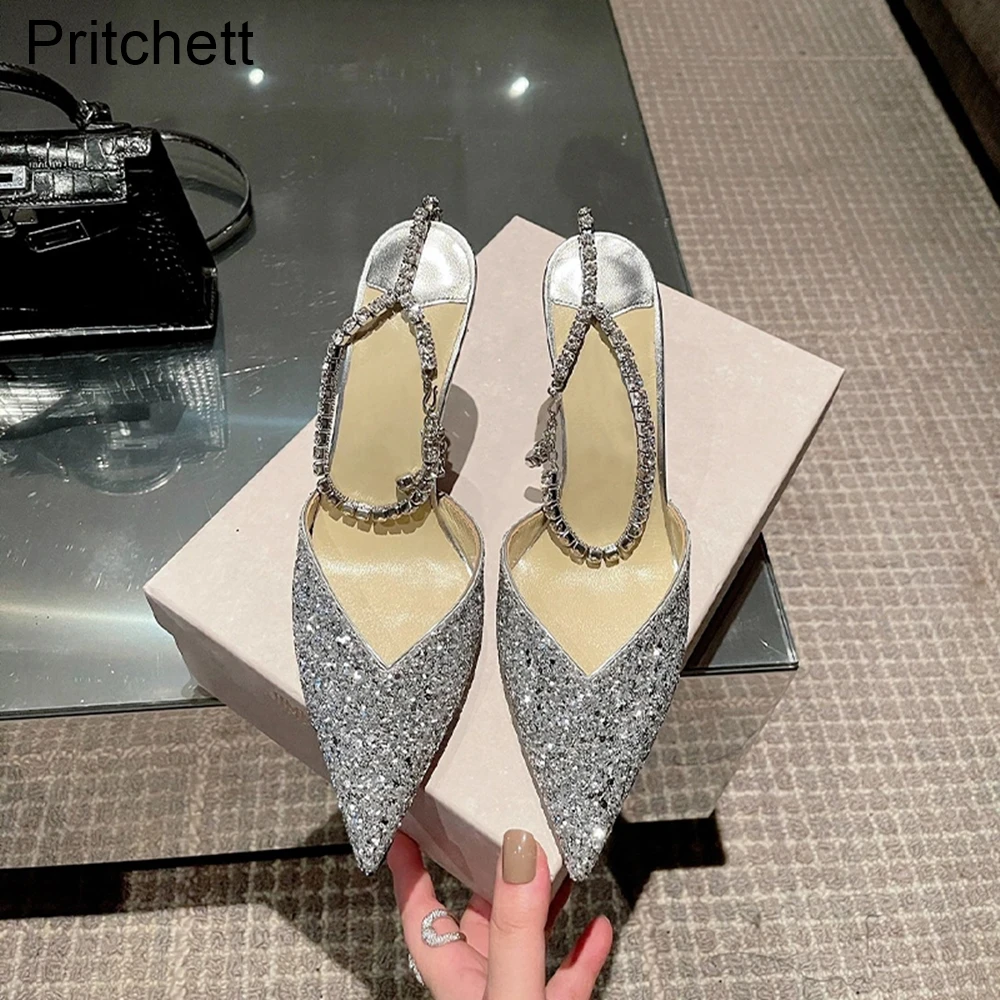 

Leather Sequin Rhinestone Chain High-heeled Shoes 2023 Summer Pointed Toe Stiletto Crystal Word Belt Celebrity Banquet Sandals