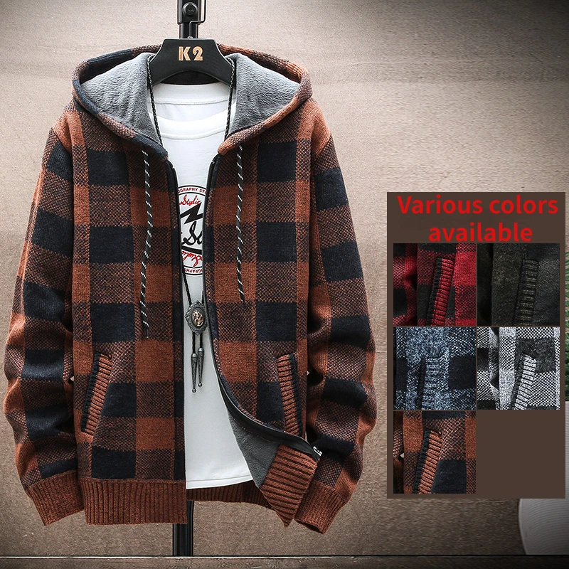 New Men's Grid Hooded Jacket Autumn/winter Thickened and Warm Casual Zipper Sweater Jacket Fashion Men's Clothing