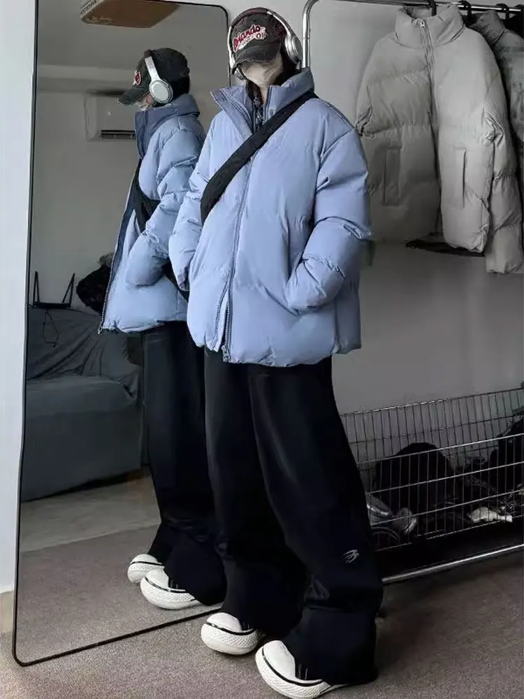 Lake Water Blue Color Stand Collar Jinjiang down Jacket Cotton-padded Clothes Men's Winter American vintage PU Leather Cotton...