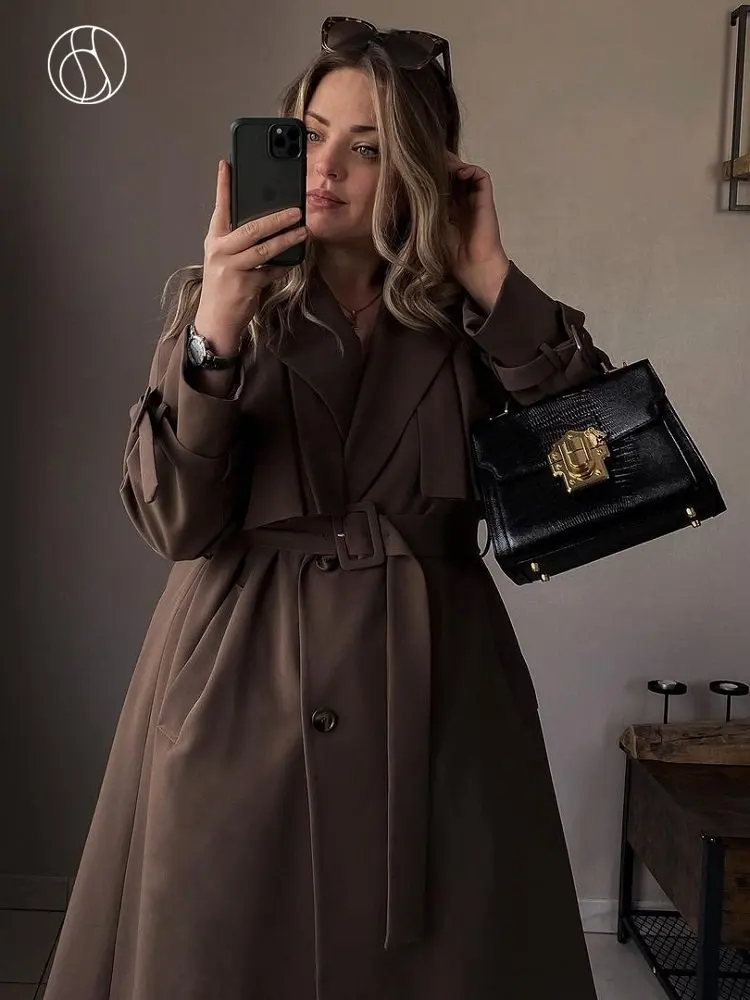 DUSHU темпераментная ветровка куртка средней длины женская одежда длинное пальто