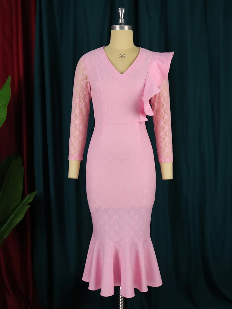 Women Mermaid Lace Dress V-neck Long Sleeve African Ladies Party Birthday Dress Bodycon Large Size Elegant Formal Event Clothes