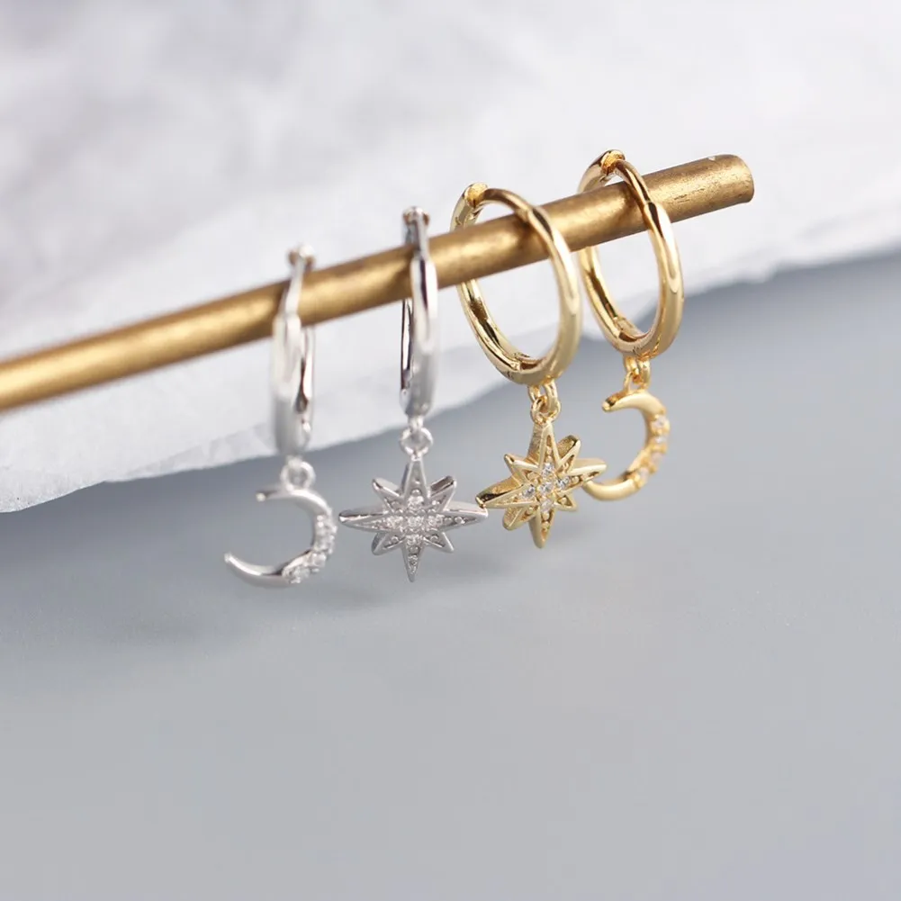 Korean Edition Korean Edition Sterling Silver Star Moon Asymmetric Earrings Diamond Buckle Silver Earrings Female  - buy with discount