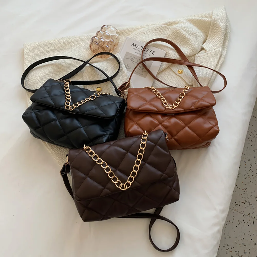

Metal Shoulder Bags Chain PU Quilted Crossbody Bag Female Solid Color Small Designer Clutch for Traveling Shopping