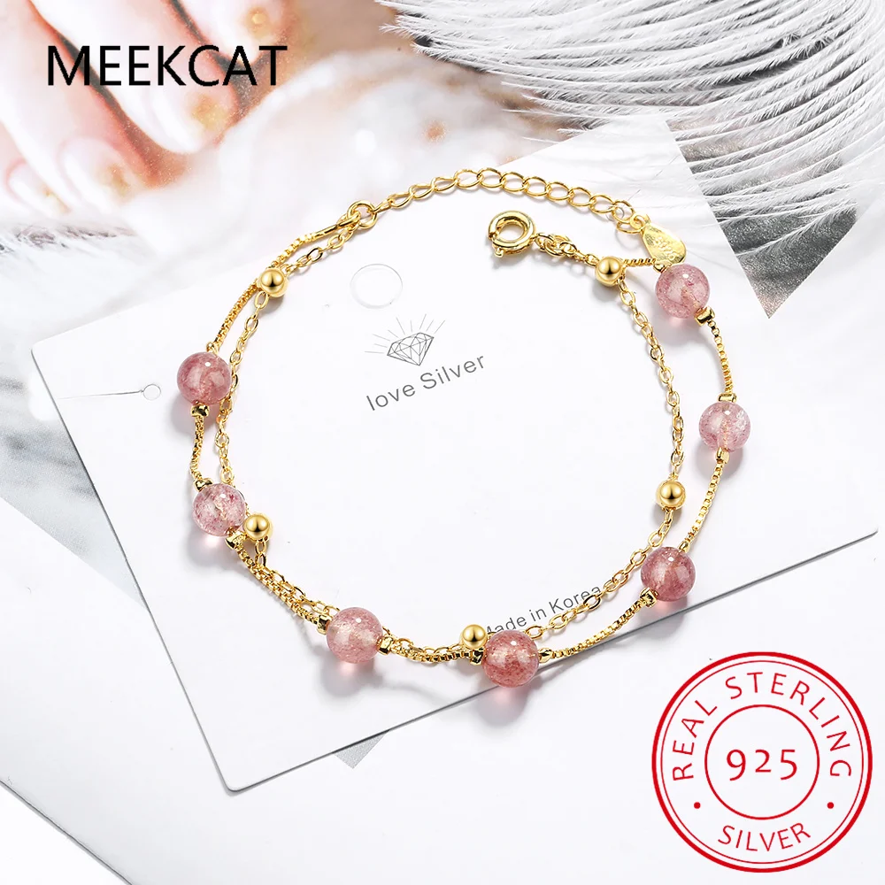 

Real 925 Sterling Silver Fashion Strawberry Crystal Sweet Double Layer Beads Bracelet For Women Wedding Fine Jewelry DE0121