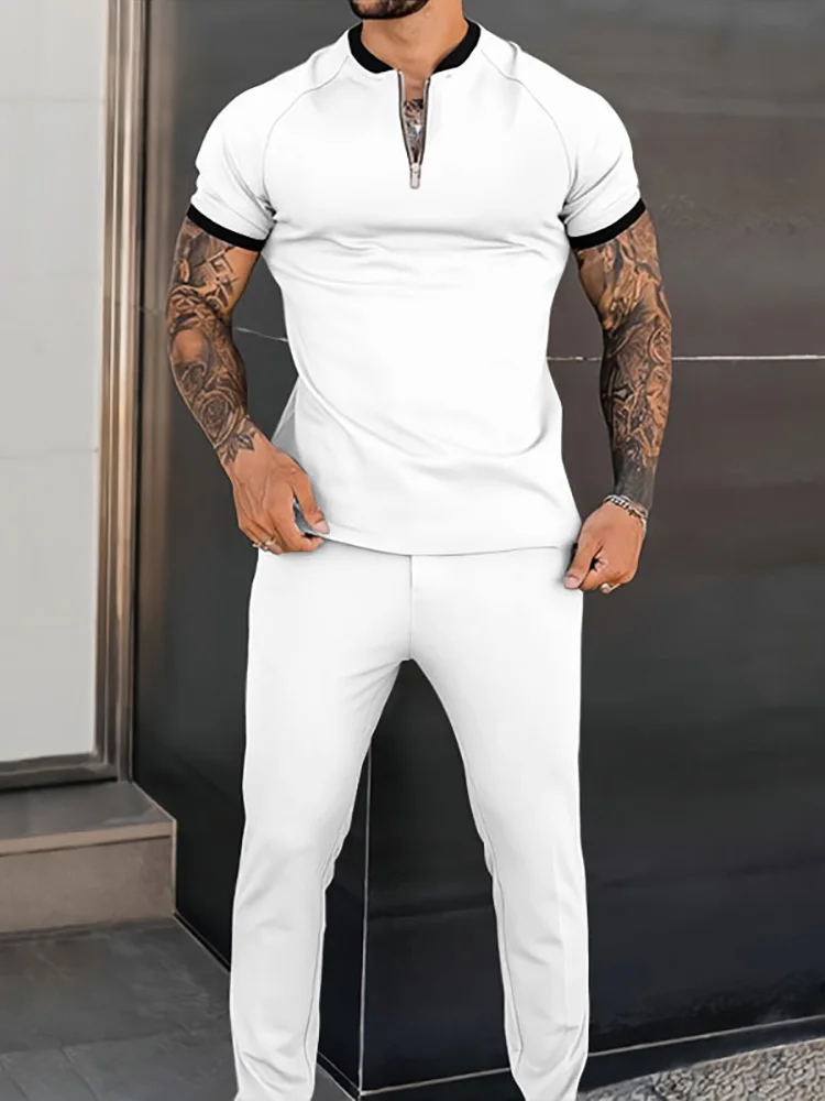 

Mens Casual Suits Summer Casual Solid Tracksuit Men Two Piece Set 2022 New O-Neck Zipper T shirts And Slim Long Pants Outfits