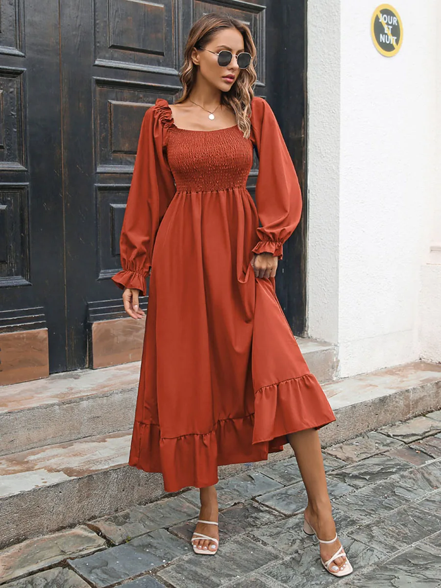 

Autumn Winter Casual Ruffled Square Neck Large Swing Women Long Dress Fashion Sexy Long Flare Sleeve Elegant Party Evening Robe