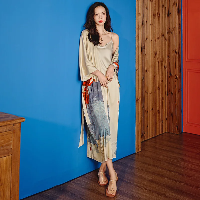 PICKBIRD 2022 spring and autumn V-neck elegant atmosphere lace-up print cardigan mid-length pajamas women's home wear