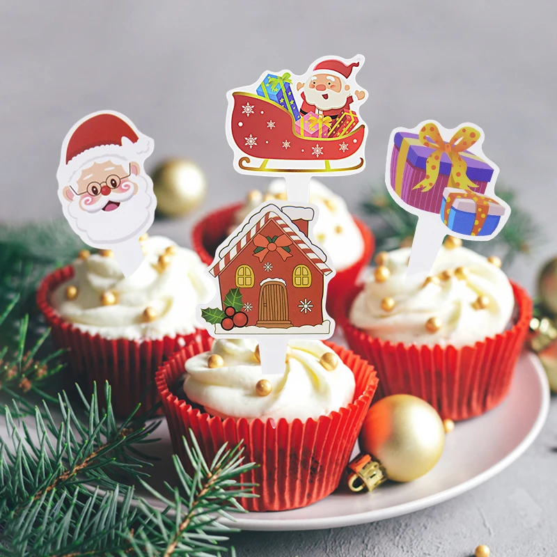 

Merry Christmas Cake Topper New Year Party Reindeer Christmas Tree Santa Claus Deer Snowman Xmas CupCake Insert Cards Decoration