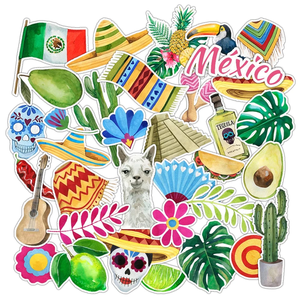 50PCS Watercolor Mexico Stickers Travel Theme Decal Set for Laptop, Phone Case, Planner, Journal, Water Bottle, DIY Crafts