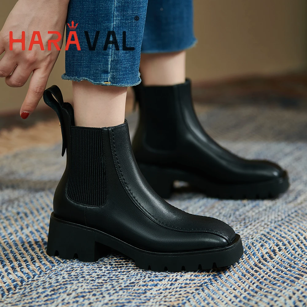 

HARAVAL Women Winter Ankle Boots Squared Toe Slip On Fashion Solid Casual Walk Low Heels Shoes Platform Microfiber Leather
