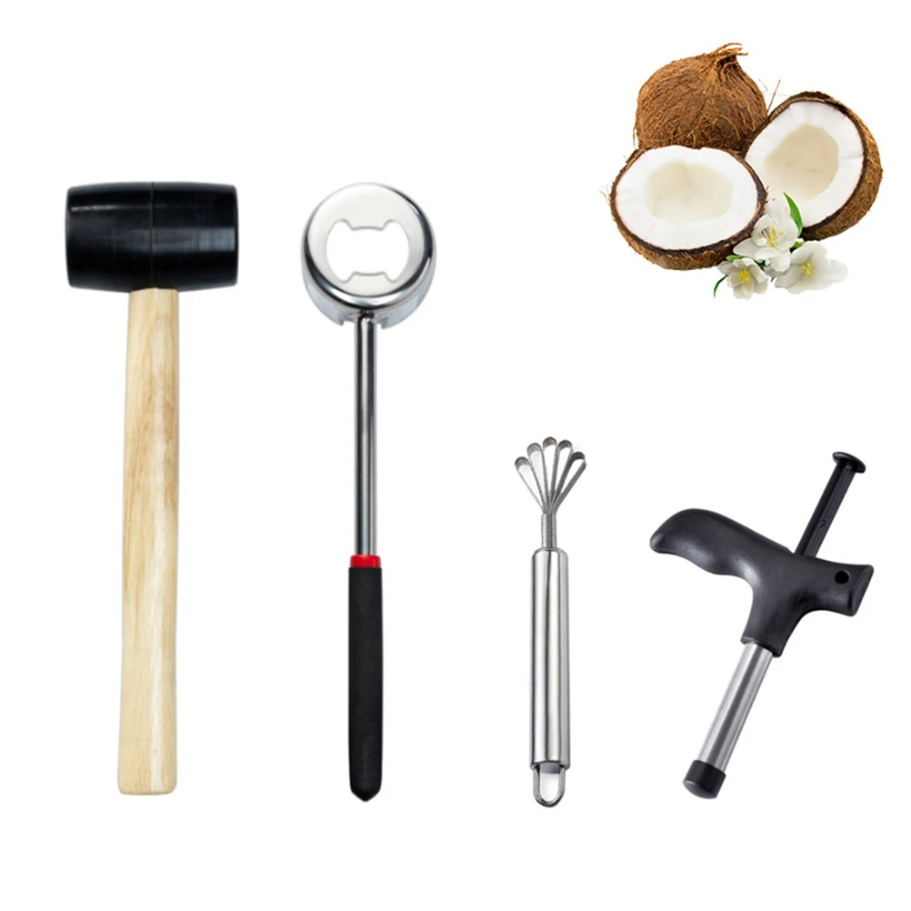 

Food Grade 304 Coconut Opener Tool Set Stainless Steel Coconut Meat Opener Wooden Tool Handle Rubber Hammer Easy To Use Durable