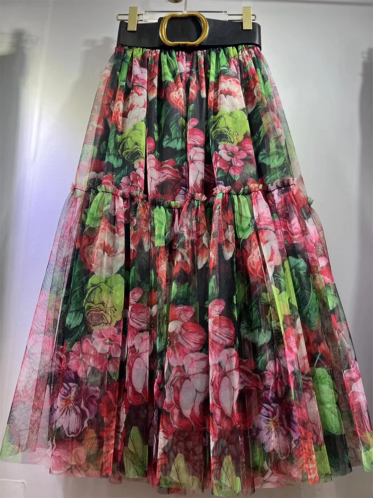 

Новинка весна-лето 2023, юбка из газовой ткани с высокой талией и принтом, свободное платье в европейском и американском стиле, модная женская юбка.